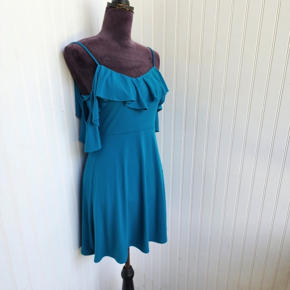 Express Mini Dress Womens Teal Ruffle Cold Shoulder Party Date Night  Stretch XS - Picture 2 of 12